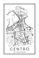 Hand drawn printable downtown road map poster of district CENTRO of the Spanish city of GIJÓN on solid white background with city name