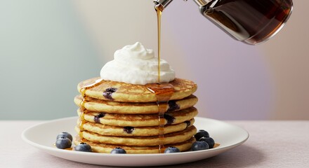 Indulge in the delightful symphony of flavors: a stack of fluffy blueberry pancakes, generously drizzled with golden syrup and topped with a dollop of creamy whipped cream,
