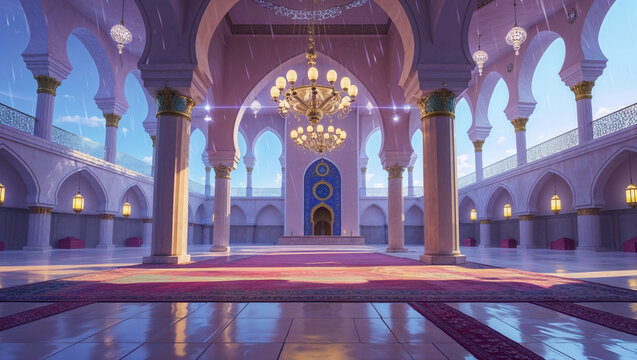 Interior of a grand mosque showing ornate architecture with elegant chandeliers and arches