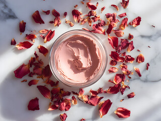 Creamy light red rose clay mask in an open clear glass jar.