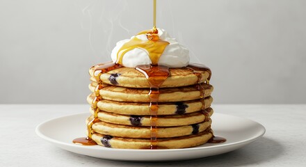 Indulge in a Stack of Warm Blueberry Pancakes Drizzled with Golden Syrup and Topped with Creamy Whipped Cream, a Delightful Breakfast Treat.