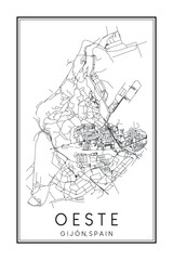 Fototapeta premium Hand drawn printable downtown road map poster of district OESTE of the Spanish city of GIJÓN on solid white background with city name