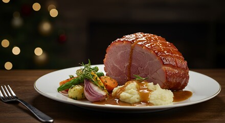 Indulge in Festive Flavors: A Glazed Ham Centerpiece with Creamy Mashed Potatoes and Roasted Vegetables, Perfect for a Christmas Feast.