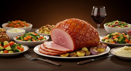 Indulge in a Festive Feast: A Glazed Ham Centerpiece Surrounded by a Bountiful Spread of Holiday Side Dishes