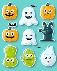 Naklejka premium Cute Halloween Stickers with Pumpkins, Ghosts, and Bats Design