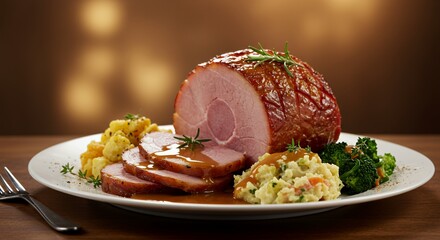 Indulge in this succulent glazed ham, perfectly complemented by creamy mashed potatoes, vibrant broccoli, and golden-brown dumplings ? a festive feast for the senses.