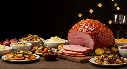 A glistening glazed ham takes center stage at a lavish holiday feast, surrounded by an array of vibrant roasted vegetables, creamy mashed potatoes, and festive cranberry sauce
