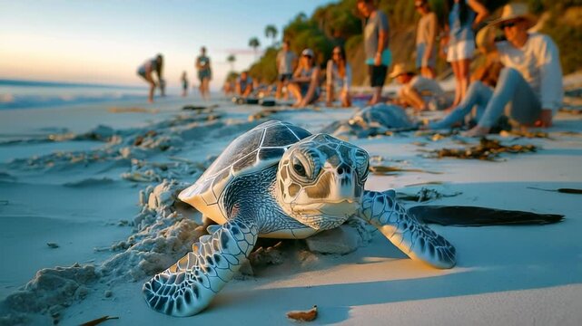 A sea turtle make its way across the soft sand of a beach as sun sets in the background, creating a picturesque view. Onlookers admire the gentle creature as it moves