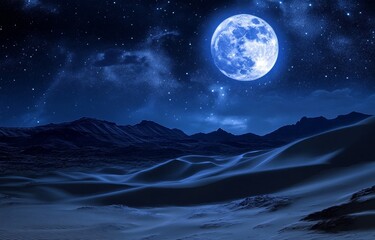 Photograph of sand dunes in the desert at night with the moon, high resolution