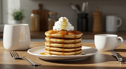 Golden Syrup Drizzles Delightfully Down a Stack of Fluffy Pancakes Topped with Creamy Whipped Cream, a Perfect Sunny Morning Breakfast.