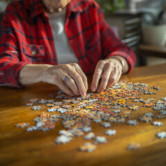 Elderly woman concentrating on solving jigsaw puzzle at wooden table, senior mental exercise and cognitive stimulation for memory care and dementia prevention.
