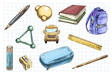 Hand drawn vintage sketch of colorful school supplies and stationery on grid notebook background, vector illustration set