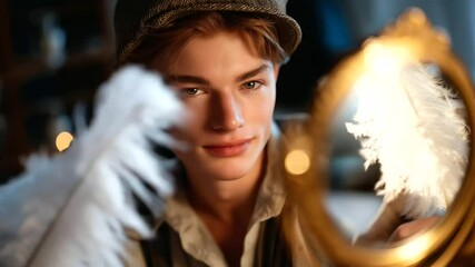 A young performer adjusting a hat with a feather and mirror
