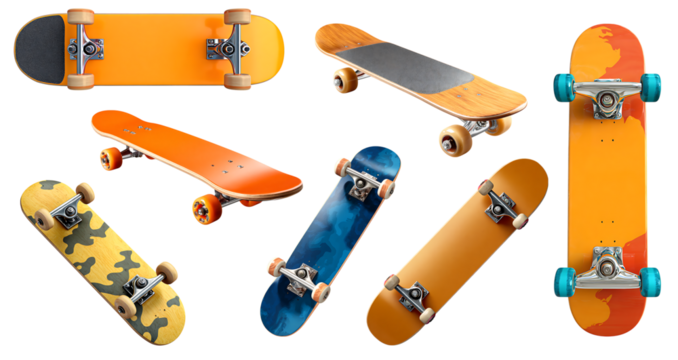Collection of skateboards with various designs and colors.