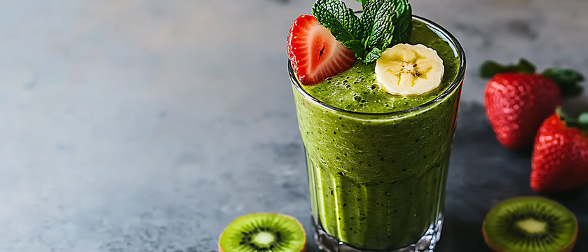 Refreshing Green Smoothie Topped with Fresh Fruits and Mint - Powered by Adobe