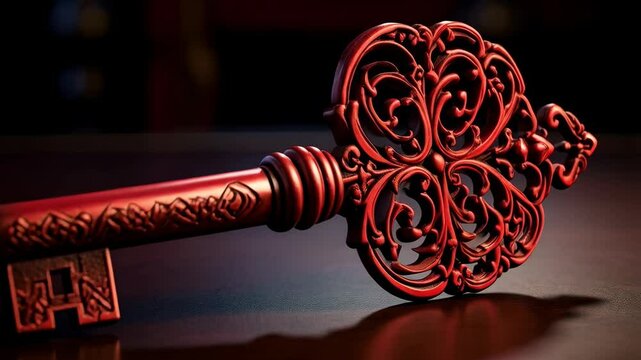 Intricate red ornate metal key with scrollwork and mountain design lying on a dark surface under soft lighting