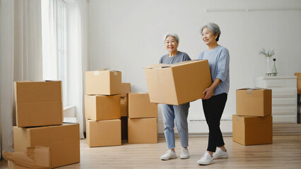 Two women stand together holding boxes, possibly moving or unpacking