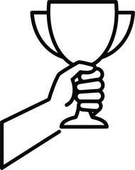 A hand triumphantly holding a winner's trophy, celebrating success and achievement.