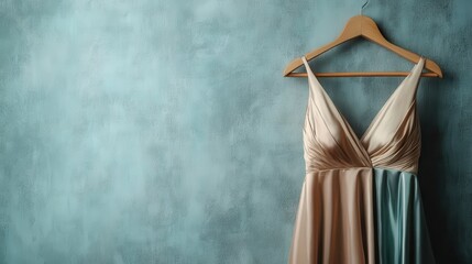 An elegant evening dress artfully suspended against a soft textured wall, depicting graceful folds and luxurious fabric, perfect for fashion enthusiasts and design inspirations.