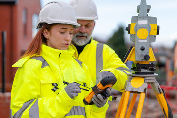 Male construction works project manager and young female site engineer collaborating on-site, discussing project details and future plans at building site