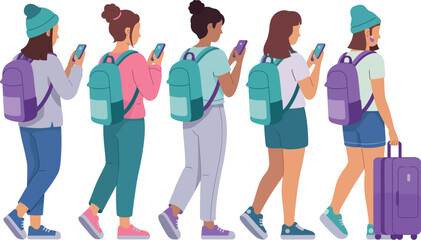 A group of five young women walking in a line each looking at their phones and carrying backpacks
