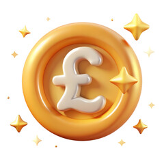 Golden pound coin with stars,3d rendering plasticstyle icon isolated on white background,representing wealth and prosperity