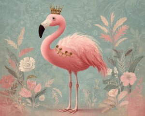 dreamy pink flamingo landscape Pink Flamingo with Crown Surrounded by Elegant Floral Elements pastel tropical flamingo vibe editorial flamingo fashion concept