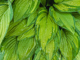 Close-up of fresh variegated hosta leaves with sparkling water drops after a summer rain. Natural...