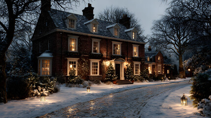 Merry Christmas and Happy Holidays at the country manor, English country house mansion decorated for the holidays with Christmas lights on a snowy winter evening.