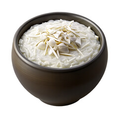 Creamy Rice Pudding Topped with Almonds in a Dark Ceramic Bowl