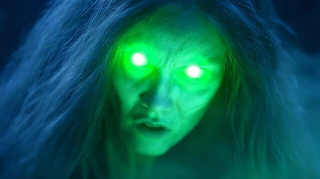 Mystical Figure with Glowing Green Eyes and Wild Hair Surrounded by Eerie Mist in a Supernatural Atmosphere
