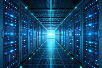 Futuristic Server Room with Data Storage and Processing Capabilities in a High Tech Environment Illustration