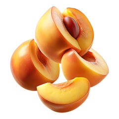 Sliced Peaches Floating on a Black Background with a Single Seed Visible
