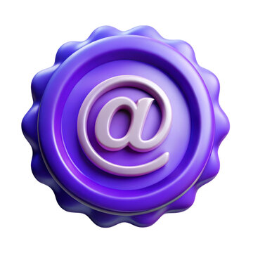 Purple 3d rendering plasticstyle icon of at sign for email communication isolated on white background,contact us,online service,web and internet design