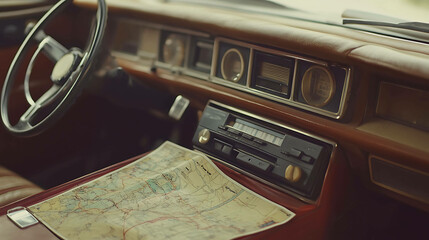 A vintage 1970s car dashboard with a cassette player and an old roadmap spread on the seat