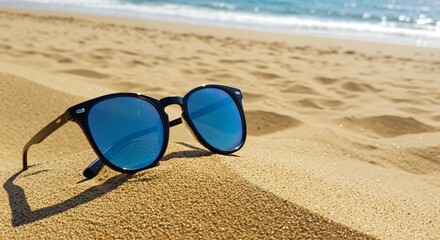 A Pair of Stylish Sunglasses Resting on a Sandy Beach, with Gentle Ocean Waves in the Background Under a Bright Blue Sky