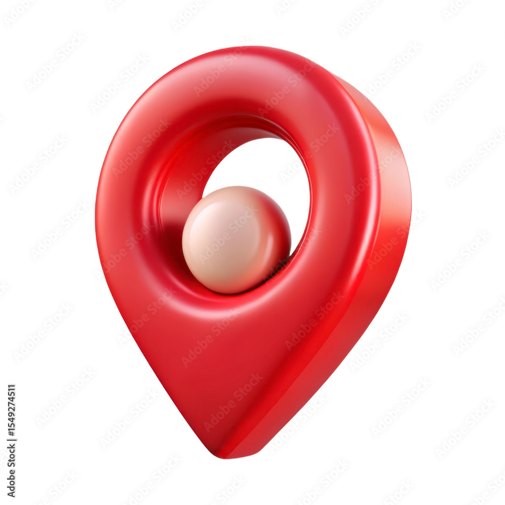 Poster red location pin pointer with sphere inside 3d rendering plasticstyle icon isolated on background