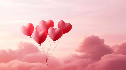 Obraz premium Heart-shaped balloons floating in a pink sky surrounded by clouds
