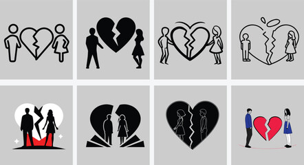 Emotional Silhouette of a Heartbroken Couple Standing Apart with a Large Cracked Heart Symbolizing Love and Separation