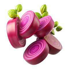 Artistic Rendering of Sliced Beets with Green Leaves on a Black Background