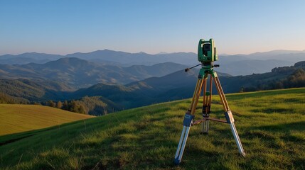 Naklejka premium Surveying Equipment in Open Field with Mountain Backdrop