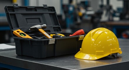 Fototapeta premium A Vibrant Yellow Hard Hat and Toolbox Full of Tools in a Workshop Environment, Perfect for Safety and Construction Activities