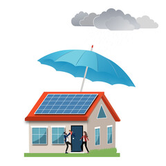 Family protected under umbrella above house with solar panels during rainstorm. Concept of home insurance, asset protection, sustainability, and financial safety.