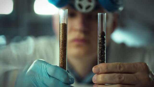 A research assistant sitting in a laboratory examines two coffee samples that are in glass tubes. The research assistant's hands are holding the tubes with the samples