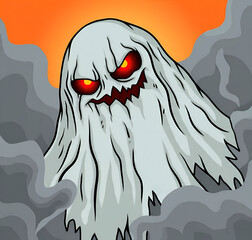 A white ghost with a horror face is shown isolated on an orange background, creating a spooky and eerie Halloween-themed visual.
