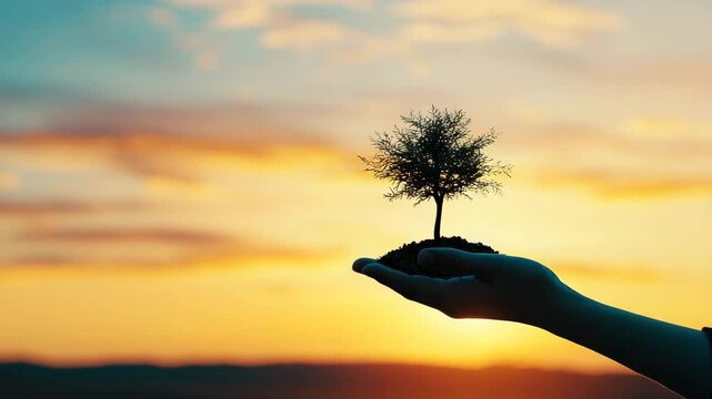 A hand holds a small tree with soil against a bright, golden sunset sky, symbolizing care for nature and growth.