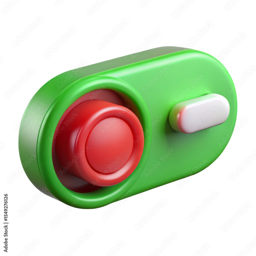 Poster stylized green and red 3d rendering plasticstyle icon featuring a push button isolated on white back
