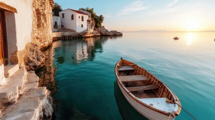 An enchanting seaside scene featuring a tranquil harbor with a lone boat and beautiful reflections at sunset, perfect for evoking feelings of peace and escape.