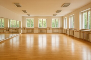 Spacious wooden dance studio with large windows and mirrors for ballet practice and dance lessons on bright day. concept of dance, open space, artistic expression