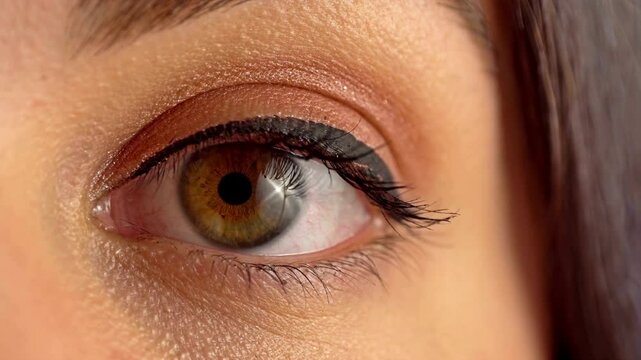 Macro extreme close up beautiful female brown eye with dilated pupil shrinking. Natural portrait of middle eastern model abstract mind soul concept.